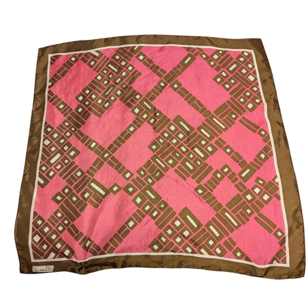 Vintage Burmel‎ Scarf 60’s 70’s Vibrant Square Geometric MCM Nylon Pink Brown